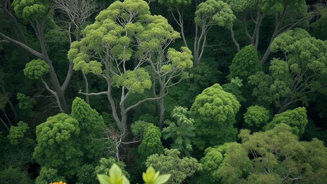 Forêt humide luxuriante avec plantes et arbres.