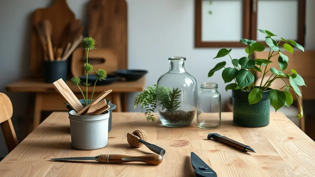 Table de travail avec un pot en verre et des outils.
