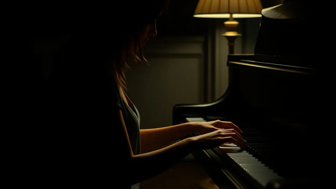 Femme assise devant un piano dans une pièce sombre.