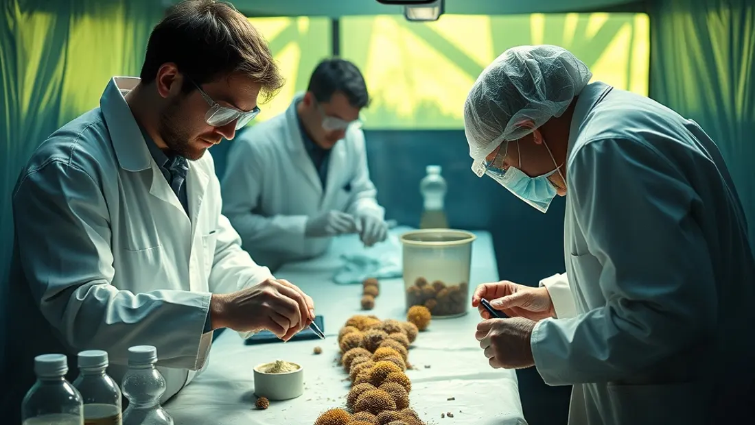 Des scientifiques autour d'un plateau de culture de champignon